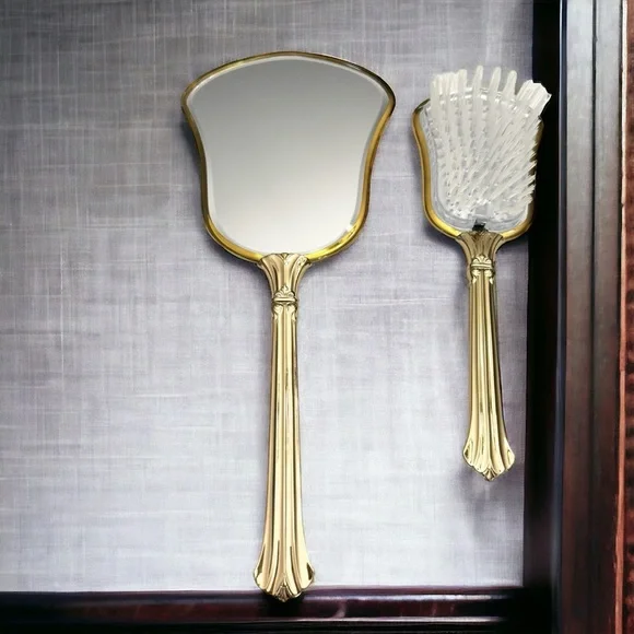 Vintage Gold Tone Mirror & Nylon Hair Brush Victorian Floral Marked Nylon USA Vintage Gold Tone Floral Brush and Mirror Vanity USA Nylon  main image 2